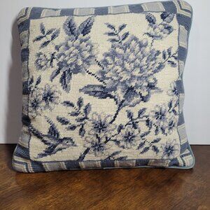 Waverly Williamsburg French Country Blue Cream Needlepoint Pillow Chinoiserie